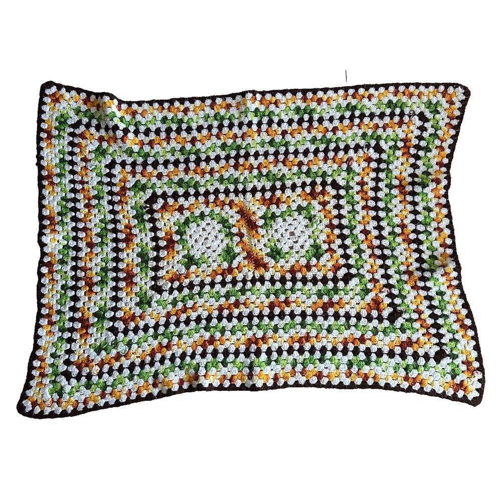Vintage Handmade Granny Square Afghan Blanket Throw Green Brown White 45X34